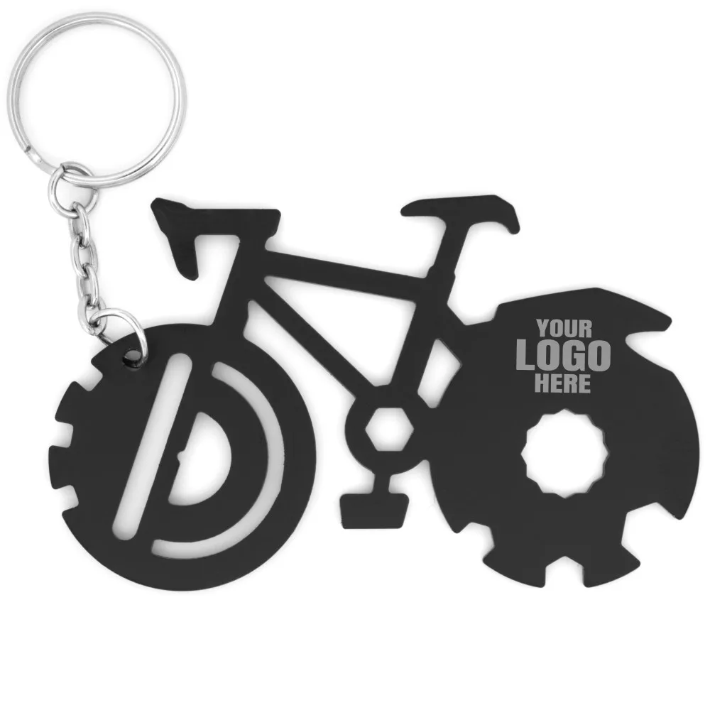 Bicycle Keychain Multitool with 20 tools saying YOUR LOGO HERE to show its customizable