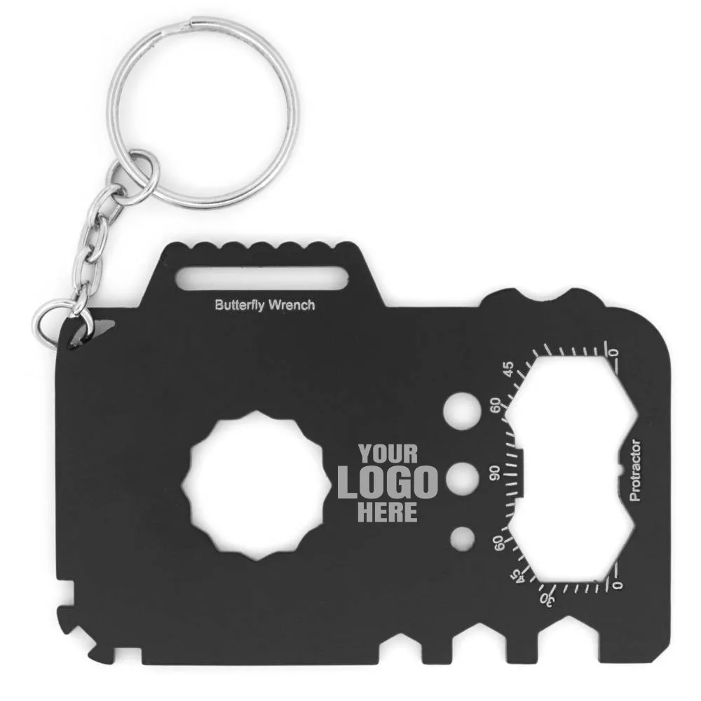 Camera Keychain Multitool with 21 tools saying YOUR LOGO HERE to show its customizable
