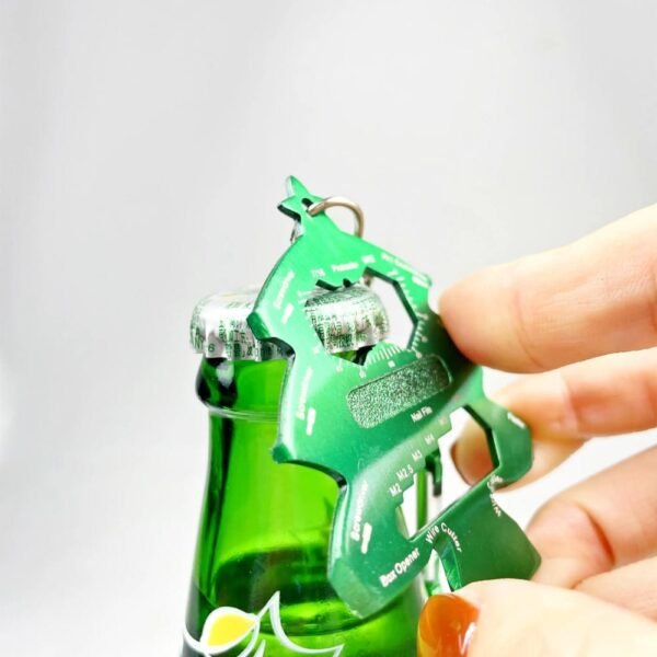 Christmas Tree Keychain Multitool opening a beer bottle
