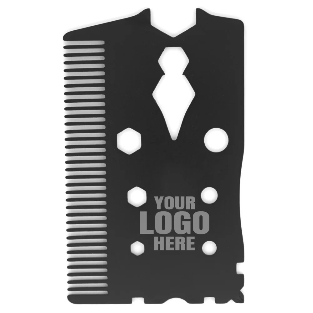 Credit Card Comb Multitool with 18 tools saying YOUR LOGO HERE to show its customizable