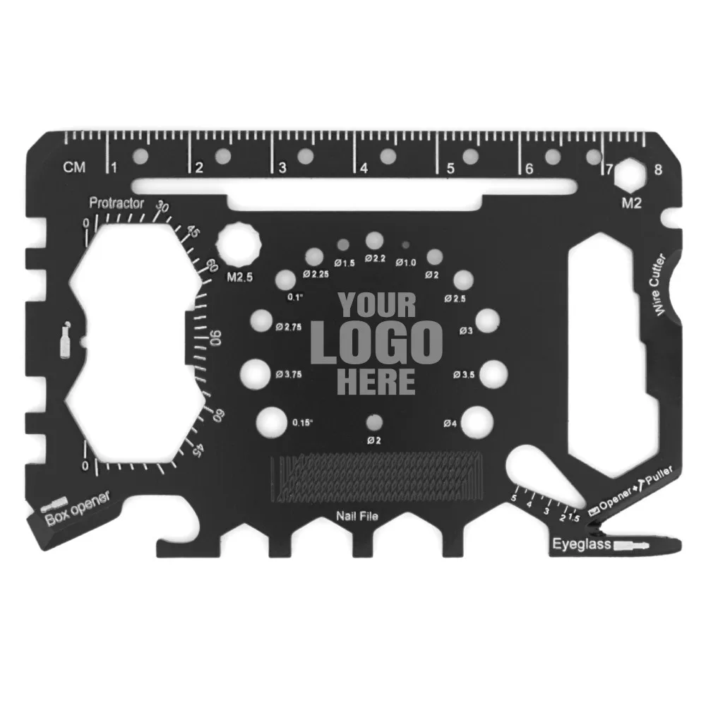 Credit Card Multitool 3 with 57 tools saying YOUR LOGO HERE to show its customizable