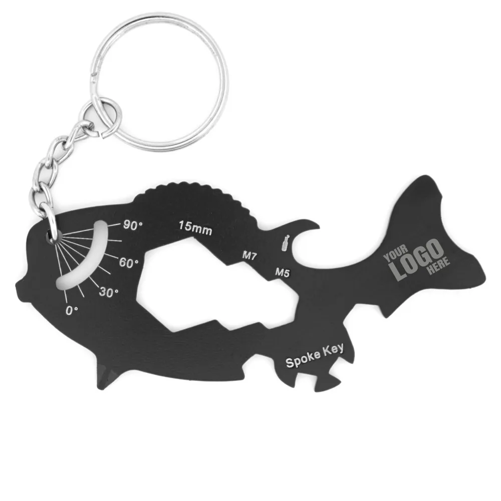 Fish Keychain Multitool with 14 tools saying YOUR LOGO HERE to show its customizable