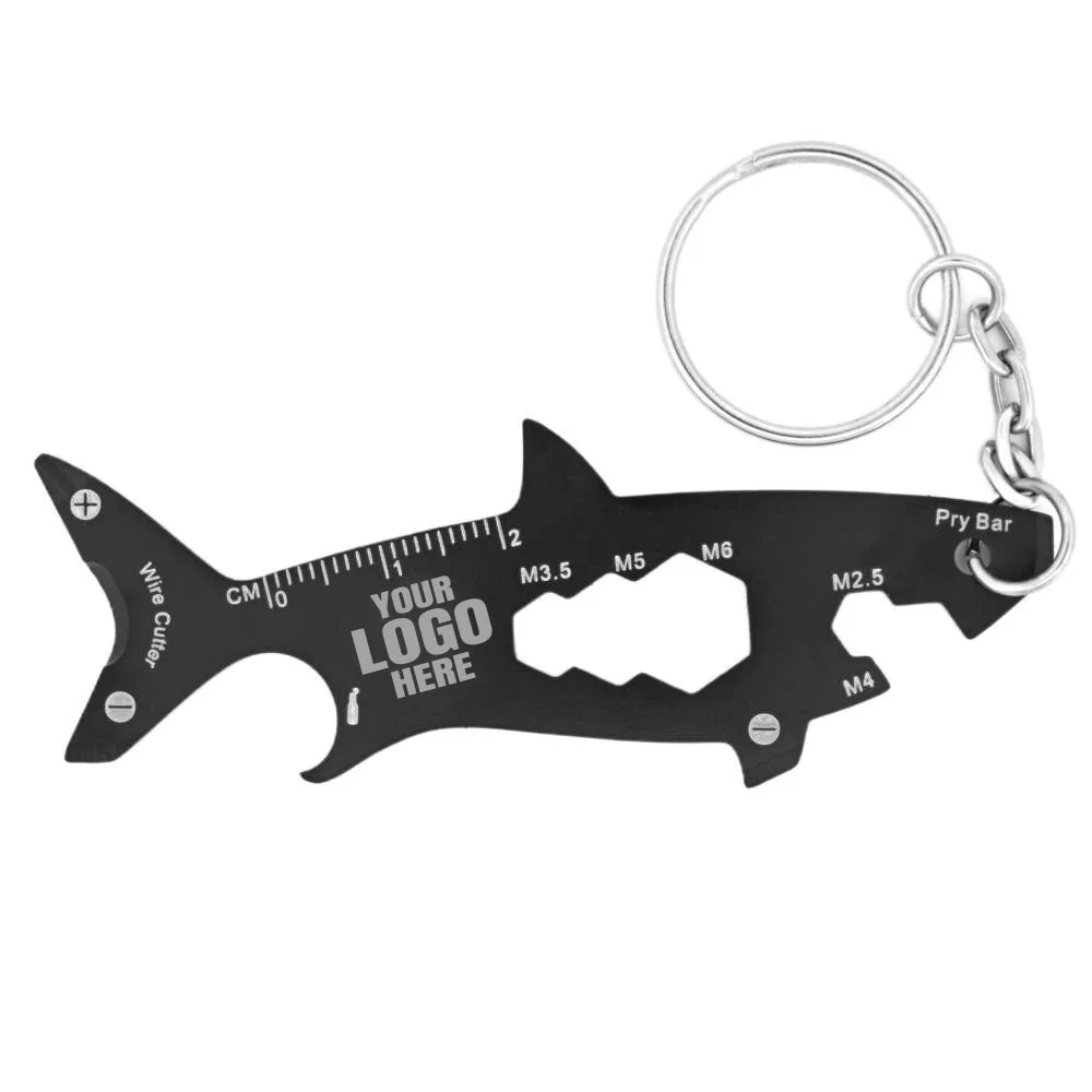Shark Keychain Multitool with 14 tools saying YOUR LOGO HERE to show its customizable