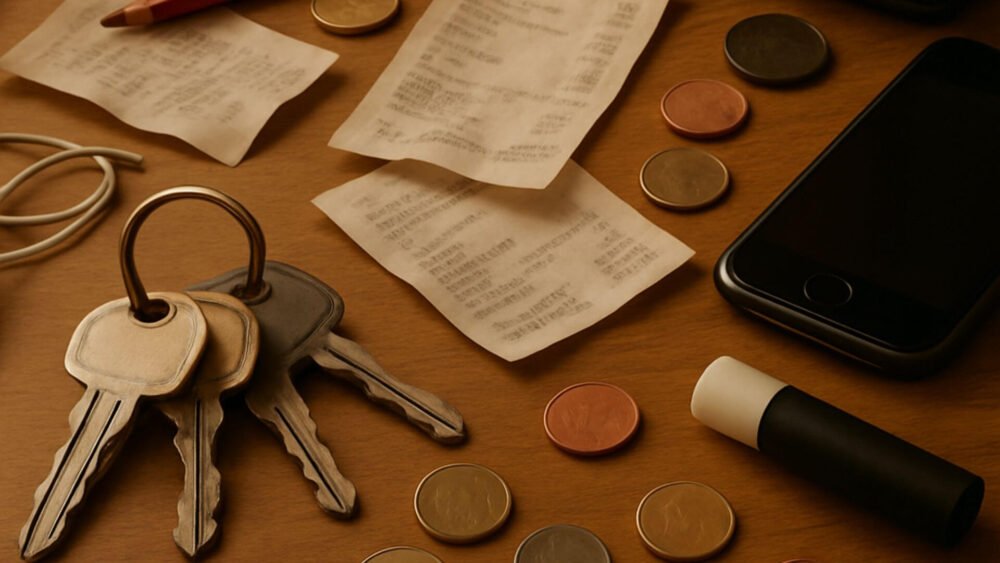 Items from pockets cluttered on a table